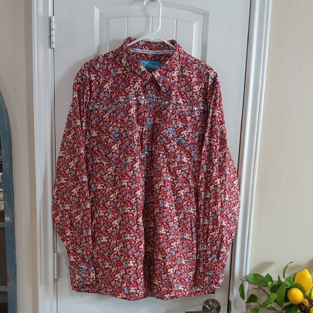 Cowgirl Hardware Floral Red Women's Button Down Shirt w  Blue Snaps & Sequins